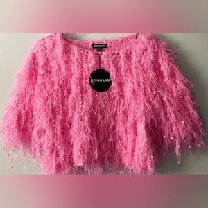short sleeve pink crop fringe shaggy sweater